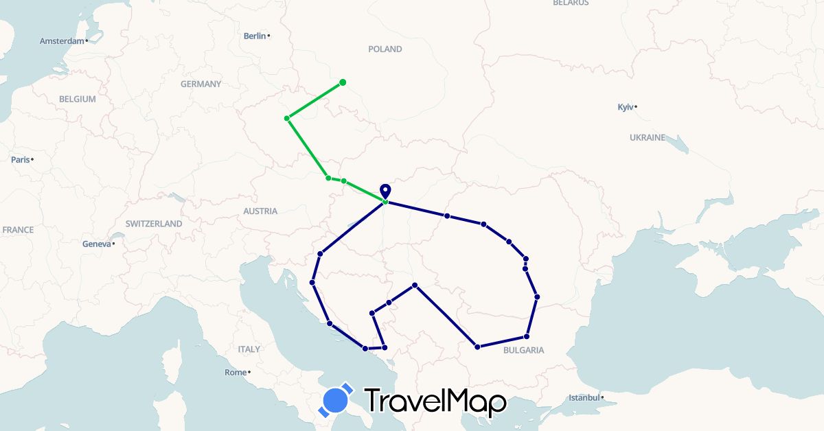 TravelMap itinerary: driving, bus in Austria, Bosnia and Herzegovina, Bulgaria, Czech Republic, Croatia, Hungary, Montenegro, Poland, Romania, Serbia, Slovakia (Europe)